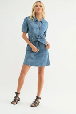 Annie Denim Puff Sleeve Belted Mini Dress -Occasionally Yours Gifts dm annie denim puff sleeve belted mini dress 4