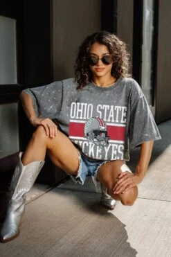 Ohio State Oversized All-Over Rhinestone Short Sleeve Tee -Occasionally Yours Gifts dm osu all over rhinestone ss tee grey 3