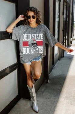 Ohio State Oversized All-Over Rhinestone Short Sleeve Tee -Occasionally Yours Gifts dm osu all over rhinestone ss tee grey 4